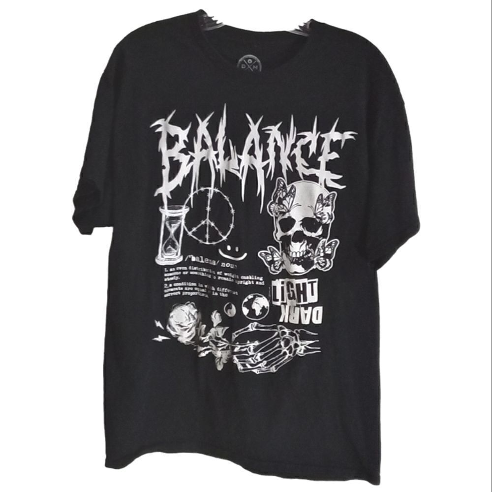 DOMA Balance Graphic Tee Shirt Size L Black Short Sleeve Skull Butterflies